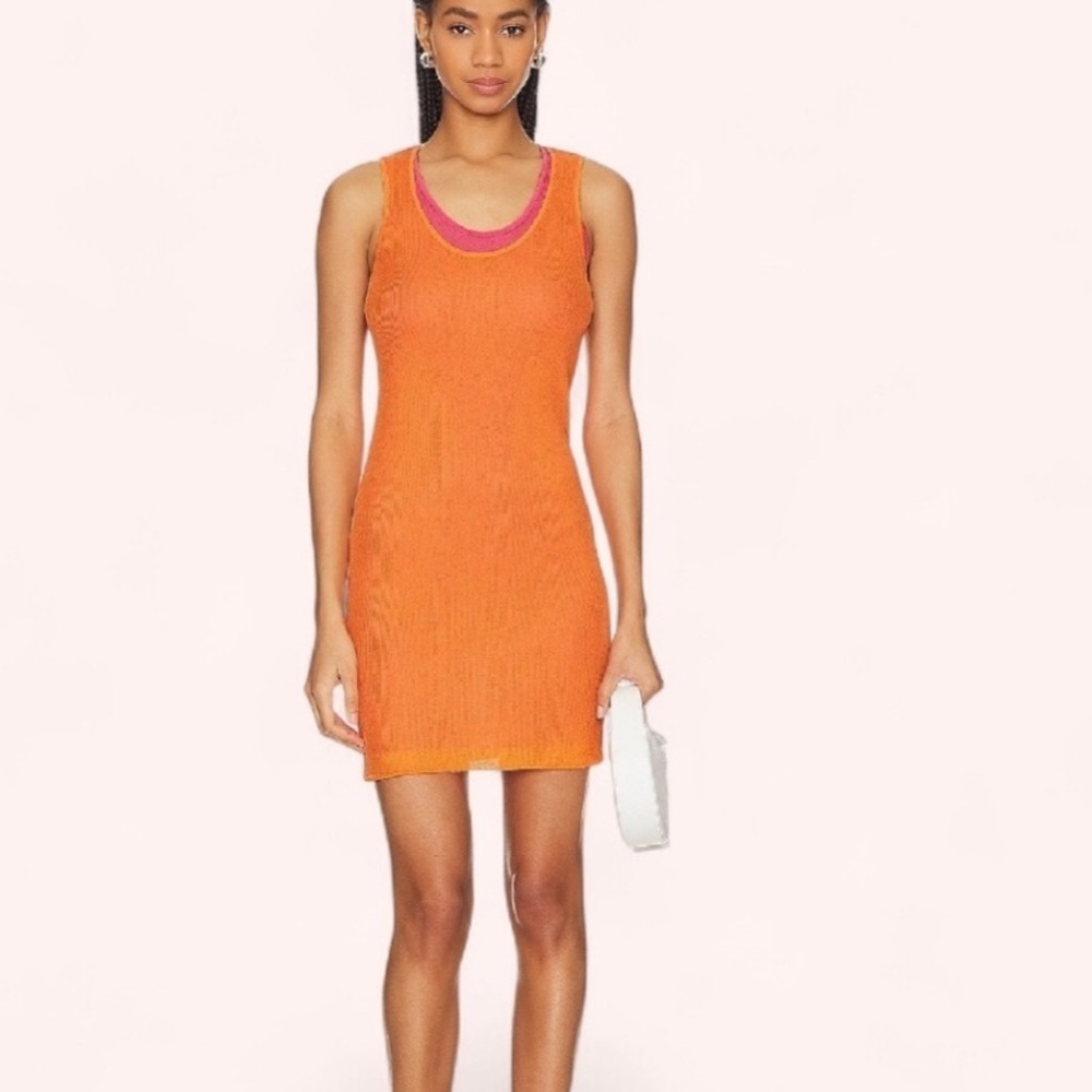 Sleeveless Orange Knit Mini Dress with Contrast Neck